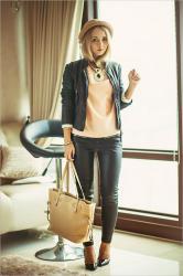 Beige top and leather pants