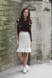 Crop Top, Peplum Skirt, Nikes