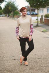 Casual Autumn Dressing | Taupe Sweater Over A Red Check Shirt
