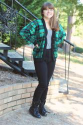 A Jeanie Outfit: Green Plaid Sweater & Black High-Waisted Jeans