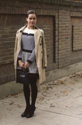 "Houndstooth contrast plaid dress"