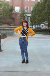 Acid Wash Skinny Jeans, Polka Dot Crop Top, & a Mustard Cardigan