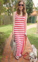 Stripes! Pink Maxi Dress, RM MAM | Stripe Tank, Paisely Print Skirt, Balenciaga Sapphire City Bag