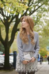 PAILLETES SKIRT + GREY BLOUSE