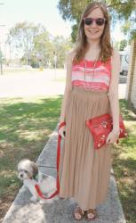 Printed Tank, Maxi Skirt, Sandals, Balenciaga Flat Clutch | Ruffle Dress, Mouse Flats, Bal Rouille Work Bag