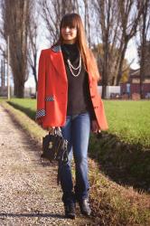 Red blazer and Jeans