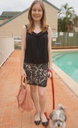 Lace Pencil Skirt, Marc by Marc Jacobs Hillier Hobo |  Grey Tee, Printed Skirt, Rebecca Minkoff MAM Bag