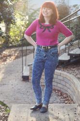 Pink Bow Sweater, Acid Wash Jeans, & Studded Loafers