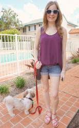 Purple Singlet, Shorts, Sandals, RM MAC | Suboo Striped Maxi Dress, Pink Accessories, Studded Clutch