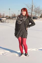 Striped Dress, Pink Tights, & a Leopard Print Infinity Scarf in the Snow