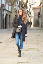 jeans + black coat