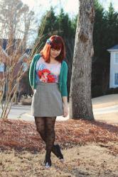 Little Mermaid Shirt, Houndstooth Mini Skirt, Teal Cardigan, & Bow Print Tights