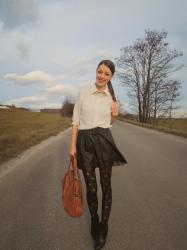 beige shirt and polka dots tights