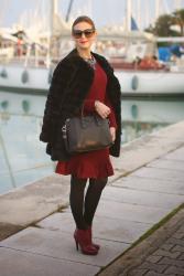 Black faux fur, Carven burgundy dress