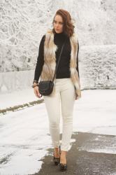 faux fur vest in the snow