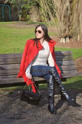 OVER THE KNEE BOOTS, SWEATER, AND RED COAT