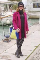 Fuchsia coat, color block bag