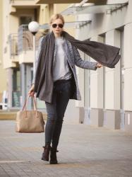 guess bag + grey scarf.