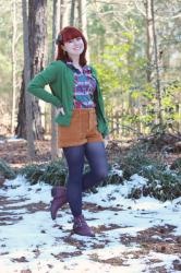 Colorful Plaid Shirt, Green Cardigan, Corduroy Shorts, & Burgundy Ankle Boots