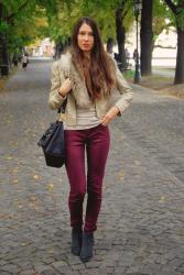 beige and burgundy