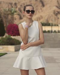 White dress + black sandals