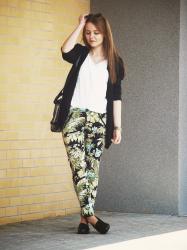 flower pants + black jacket