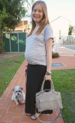 Third Trimester Casual Maxi Skirt Outfits for the Baby Bump: Stripe Tee, RM MAM | Ombre, LV Neverfull