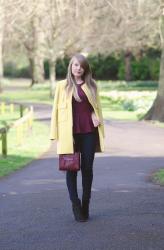 Yellow Zipper Coat With Peplum & Skinny Jeans