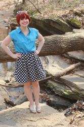 Navy Polka Dot Skirt, Blue Blouse, Silver Sandals, and Polka Dot Sunglasses at the Botanical Garden