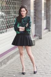 Green Sequined Sweater, Neoprene Skater Skirt