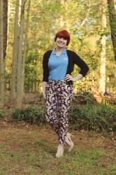 Internship Outfit: Floral Trousers, Blue Polo, Nude Heels, & a Black Cardigan
