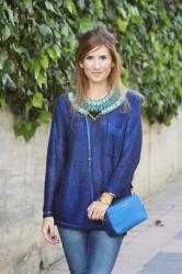 BLUE SWEATER, BLUE BAG, BLUE NECKLACE, BLUE RING