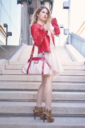 RED BIKER JACKET WITH TULLE DRESS