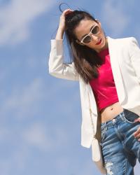 Wearing Red Leather Cropped Bodice