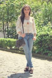 Lace blouse and comfy loafers