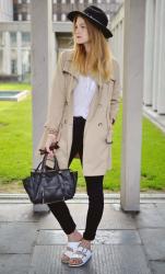 Trench and white Birkenstock.