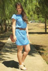 Blue dress, white sandals...