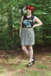 Star Trek Tank Top, Houndstooth Pencil Skirt, & Black Wedges