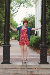 Red Patterned Romper, Blue Cardigan, Silver Sandals, & a Spiky Necklace