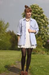 Denim shirt and crochet dress