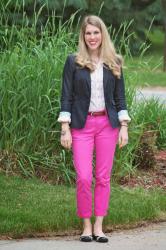 Pink Pants and Navy Blazer