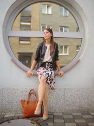 floral skirt with volance and leather jacket