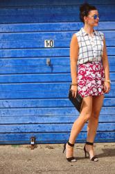 Floral Oriental Shorts and a Window Pane  Blouse