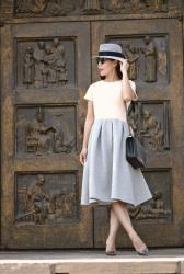 Great Gray: Midi Full Dress and Maison Michel Fedora Hat