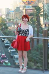 Las Vegas Outfit: Red Skater Skirt, Polka Dot Bustier Top, & White Sandals