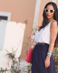 Navy Blue Maxi Skirt and Greek Sandals