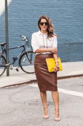 Faux Leather Skirt + Jeweled Button Down 