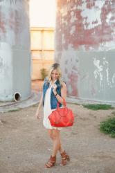 cream dress + denim vest