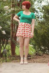 Outfit: Strawberry Print Shorts, Green Crop Top, & White Sandals