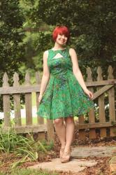 Outfit: Green Floral Fit & Flare Dress with Nude Heels